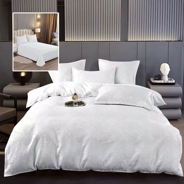 Jacquard kétszemélyes ágynemű garnitúra 6 részes, lepedő 230x250 cm, paplan 200x230 cm, 2 párnahuzat 50x70 és 70x70 cm, Clasy, Fehér