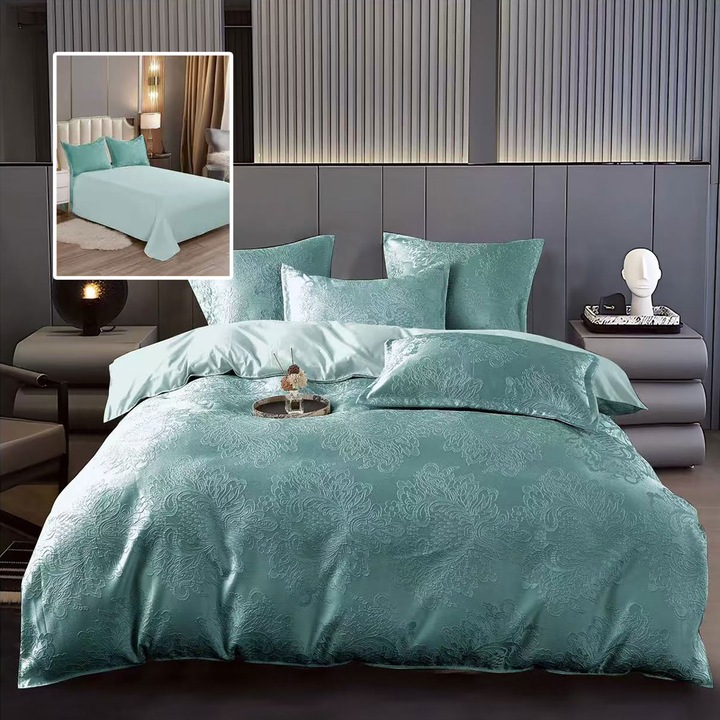 Jacquard kétszemélyes ágynemű garnitúra 6 részes, lepedő 230x250 cm, paplan 200x230 cm, 2 párnahuzat 50x70 és 70x70 cm, Clasy, türkiz