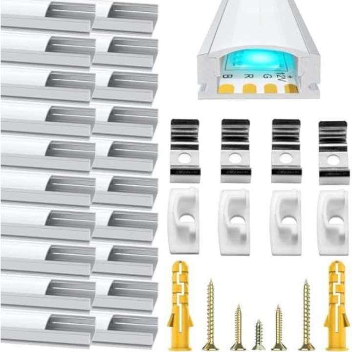 Комплект от 20 LED профила Chesbung, алуминиеви, 1 м, U-образна форма, за LED ленти до 12 мм, с непрозрачен бял капак, дифузори, крайни капачки, монтажни скоби и ъглови конектори