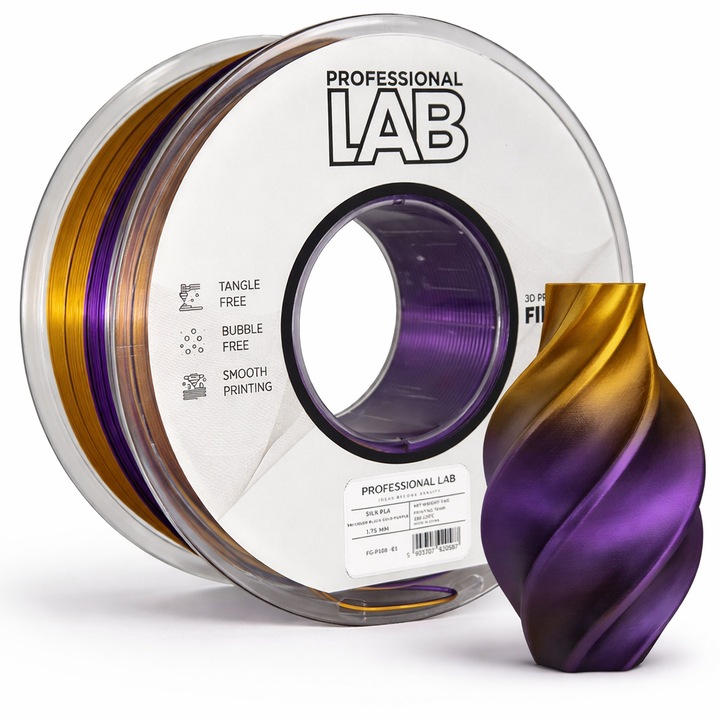 Копринен PLA филамент за 3D принтер, Professional LAB, 1 кг, 1.75 мм, трицветен, черен / златен / лилав