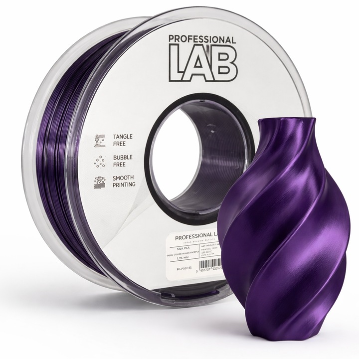Filament Silk PLA pentru imprimanta 3D, Professional LAB, 1 kg, 1.75 mm, dual color, violet / negru