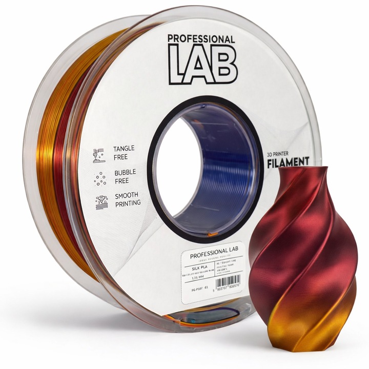 Filament Silk PLA pentru imprimanta 3D, Professional LAB, 1 kg, 1.75 mm, tri color, rosu / galben / albastru