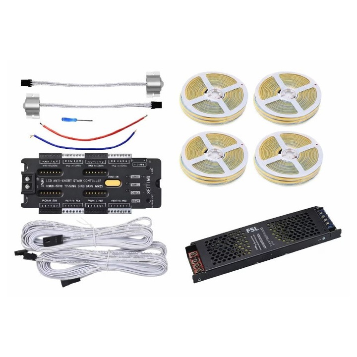 Kit iluminat Scari inteligent 32 canale, 2 Senzori miscare, 20m Banda LED COB 6000k Rece, Sursa alimentare 24v, lumina uniforma fara puncte, ZenLED®