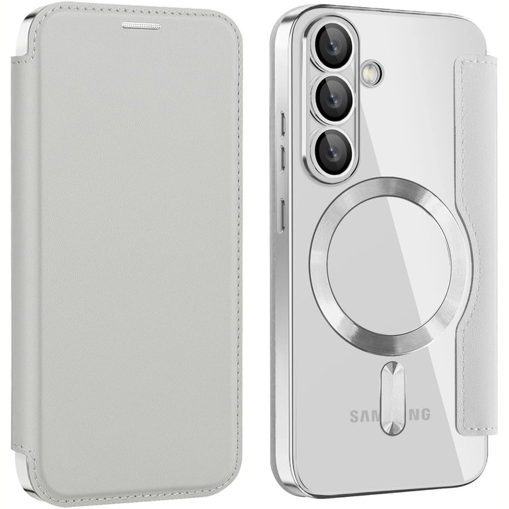 Husa telefon XGSM pentru Samsung Galaxy A57 5G, RFID Wallet MagSafe, protectie camera, argintie