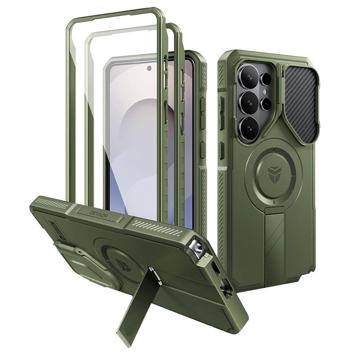 Etui pentru telefon, Dexnor, Samsung Galaxy S26 Ultra, protectie militara, suport metalic, verde, set cu doua rame