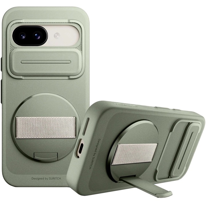 Etui pentru Google Pixel 9a, Suritch, verde, hibrid TPU + PC, suport rotativ 360°
