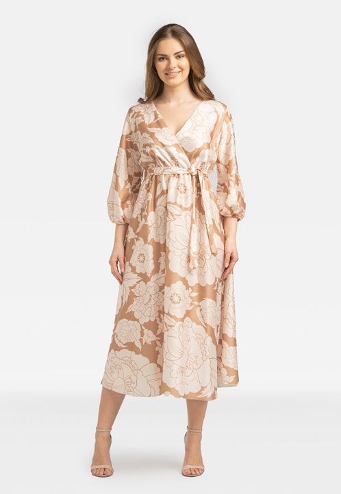 Миди рокля, Perso, вискоза, флорален мотив, бежова, 3/4 ръкави