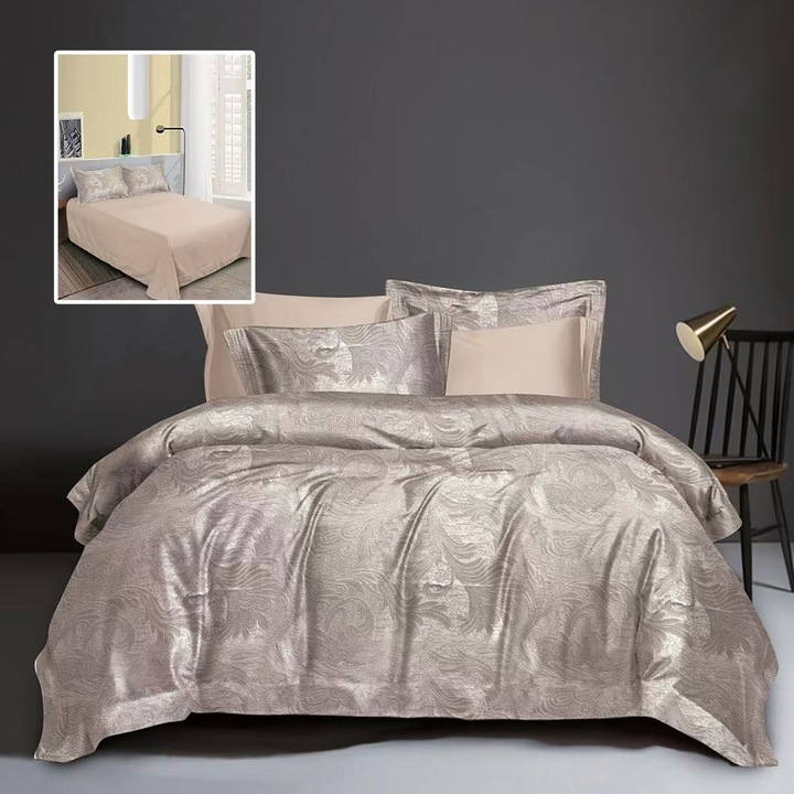 Jacquard kétszemélyes ágyneműgarnitúra 6 részes, lepedő 230x250 cm, paplan 200x230 cm, 2 párnahuzat 50x70 és 70x70 cm, Clasy, Púderrózsaszín/Bézs