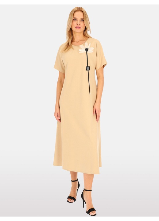 Rochie dama, Perso, bumbac, imprimeu 3D, bej, croiala evazata