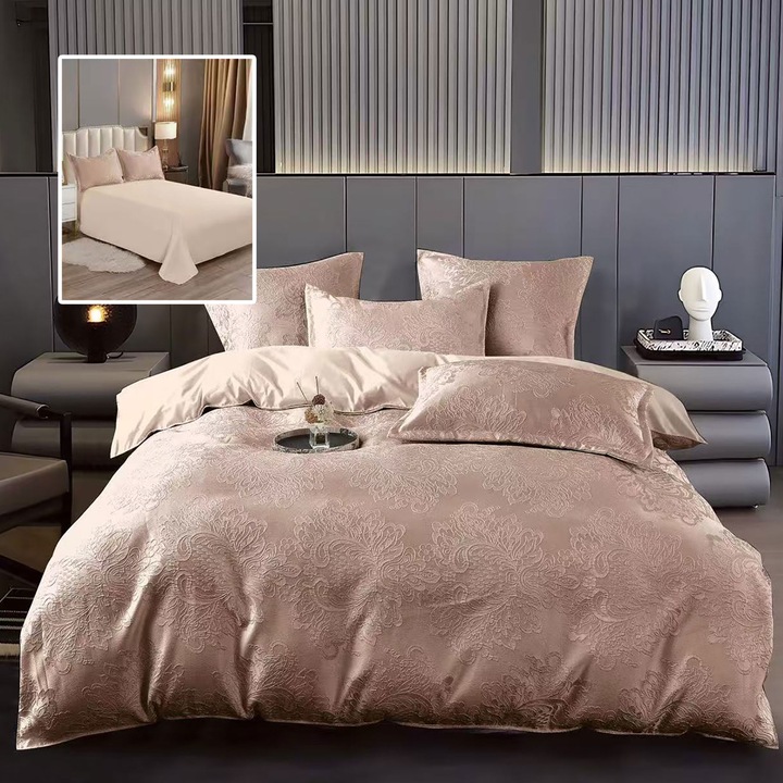 Jacquard kétszemélyes ágynemű 6 részes, lepedő 230x250 cm, paplan 200x230 cm, 2 párnahuzat 50x70 és 70x70 cm, Clasy, Cappuccino