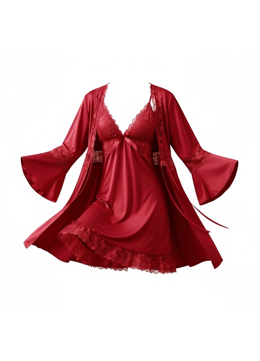 Compleu dama 3 piese, StarFashion, halat cu maneci evazate, Rosu