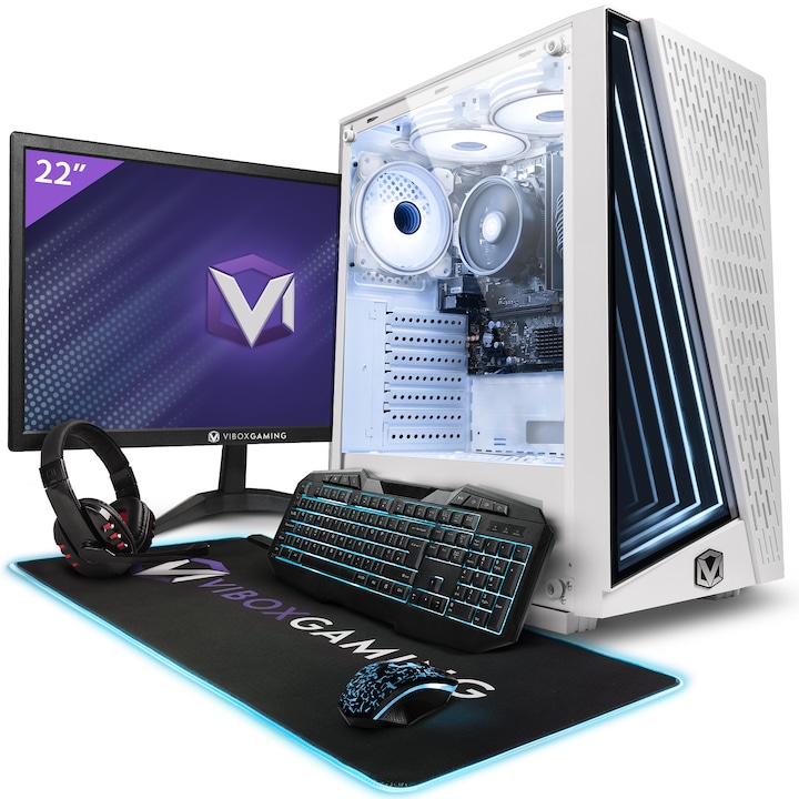 PC Gamer Vibox VI-38, Ryzen 3 3200G 4,0 GHz, 8 GB RAM, 480 GB SSD, Alb, 21,5 inch Full HD, set complet