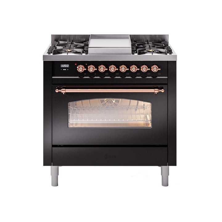 Aragaz pe gaz premium ILVE, Nostalgie, 90 cm, clasa A+, 4 arzatoare, plita Fry Top, cuptor electric 97 litri, design vintage, timer, usa cuptor cu 3 straturi de sticla, gatire ECO, dezghetare, 15 functii de gatire multiple, iluminare, negru/cupru