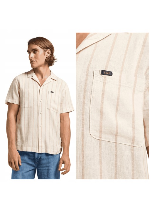 Camasa Barbati, Lee, 2PKT Camp Shirt, Regular Fit, Design Clasic, Maneci Scurti, Cu Guler, Cu Nasturi, Bumbac, Bej, Bej