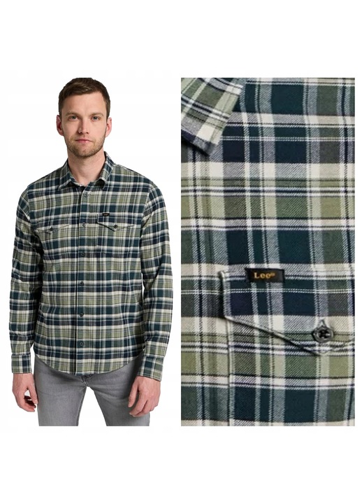 Camasa Barbati, Lee, Regular Shirt, Regular Fit, Design Clasic, Maneci Lungi, Cu Guler, Cu Nasturi, Bumbac, Verde, S