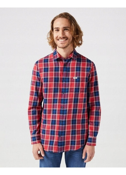 Мъжка риза, Wrangler, риза с един джоб, стандартна кройка, класически дизайн, дълъг ръкав, с яка, с копчета, памук, S INTL, червена