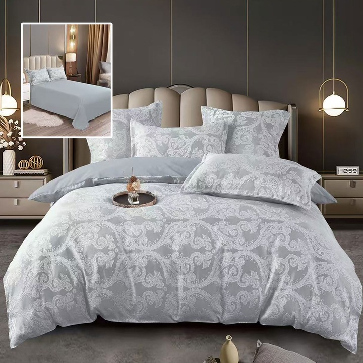 Jacquard kétszemélyes ágynemű garnitúra 6 részes, lepedő 230x250 cm, paplan 200x230 cm, 2 párnahuzat 50x70 és 70x70 cm, Clasy, Világosszürke