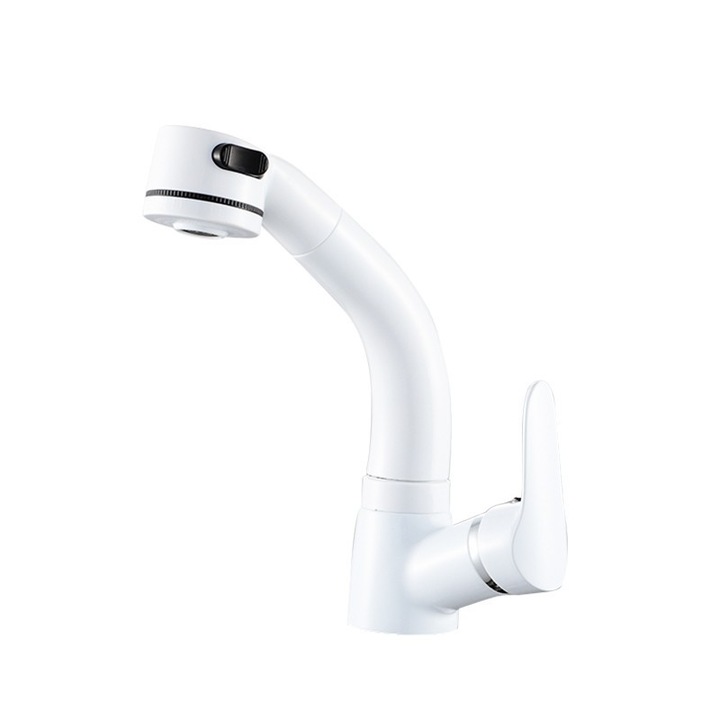 Csaptelep kihúzható zuhanyfejjel, rozsdamentes acél, 360°-ban forgatható, fehér, 60cm