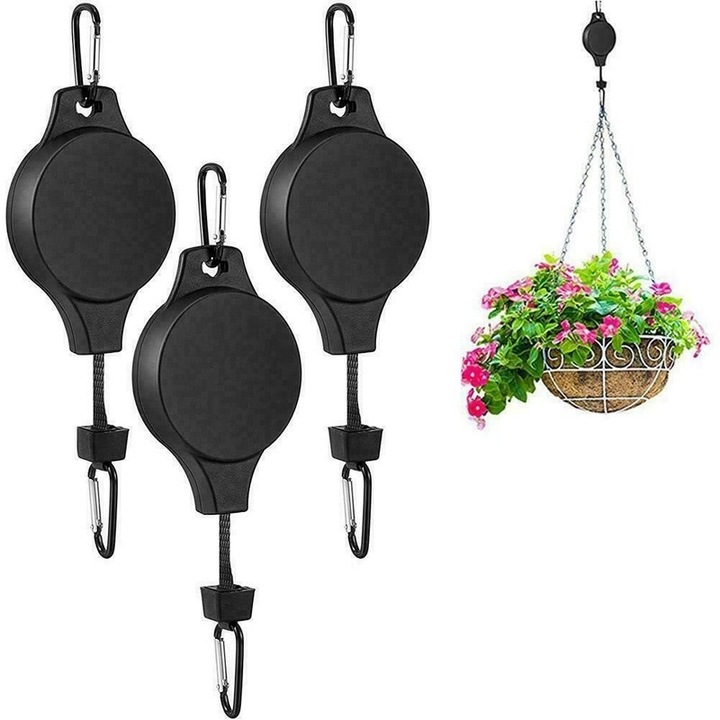 Carlig horticol retractabil, set de 3 buc., negru, pentru cosuri suspendate