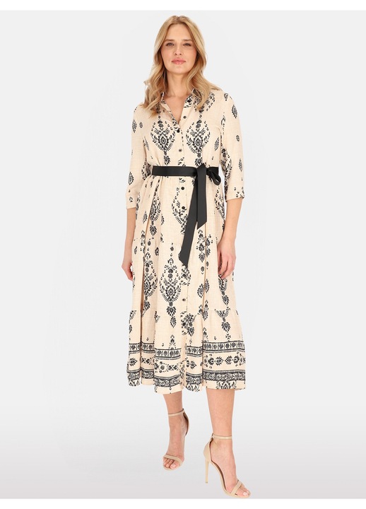 Rochie dama Perso, cu imprimeu, maneca 3/4, bej/negru