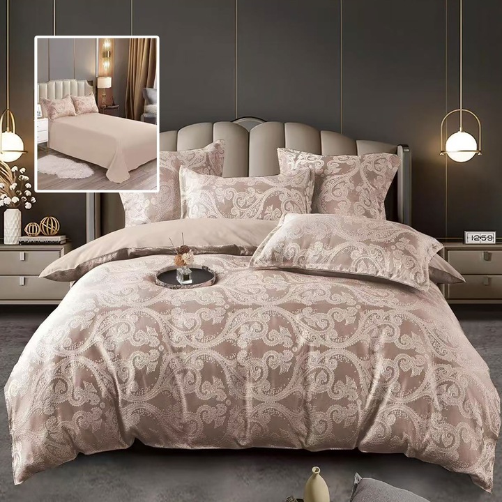 Jacquard dupla ágyneműgarnitúra 6 részes, lepedő 230x250 cm, paplan 200x230 cm, 2 párnahuzat 50x70 és 70x70 cm, Clasy, Cappuccino bézs