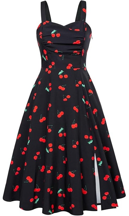 Rochie eleganta pentru femei, lungime midi, decolteu tip inima si bretele late cu nasturi – Silueta feminina, detalii rafinate si stil atemporal, Neagra cu Cirese, Marimea S