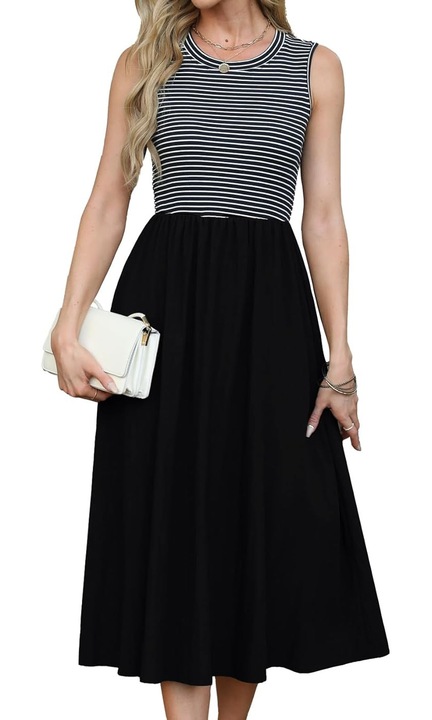 Rochie midi cu dungi fara maneci pentru femei, vara, linie A, cu buzunar striat Marime M