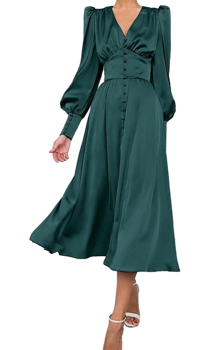Rochie Midi Dama Satinata, Eleganta, Vintage, cu Maneci Bufante, Verde Smarald, Marimea S INTL