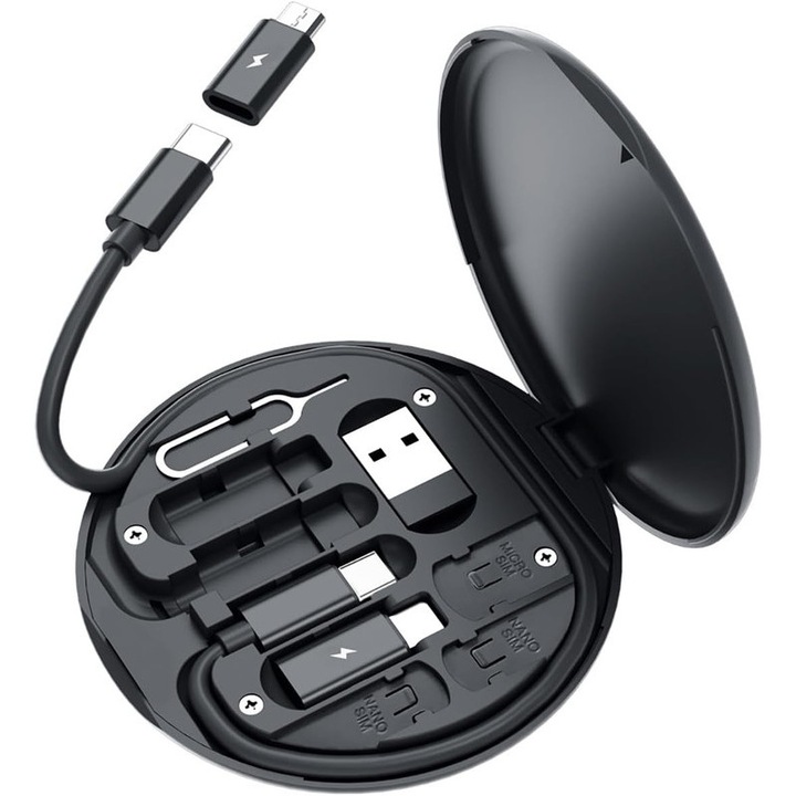 USB C Kábel Adapter Készlet, Többfunkciós Töltőkábel Ház USB C-ről iOS Eszközre/C Típusra/Micro/USB A Adapter, Adatátvitel Kártyafoglalattal Utazáshoz, Telefonállványként Használható (Fekete)