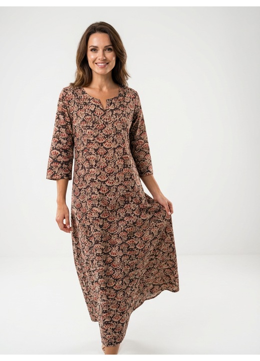 Rochie din bumbac, marime L, maro multicolor, imprimeu manual, croiala lejera