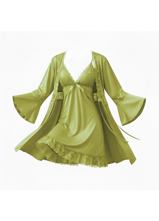 Compleu dama 3 piese, StarFashion, halat cu maneci evazate, Verde fistic