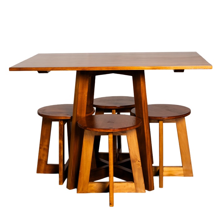 Set masa din lemn masiv cu 4 scaune, 180x80x78cm, natur/ alb/ maro/ negru