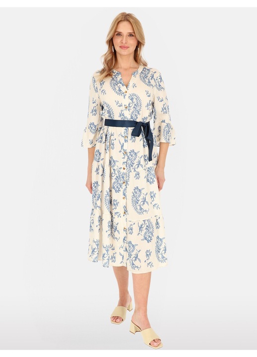 Rochie dama Perso, imprimeu, ecru/albastru, maneca 3/4, croiala lejera, M INTL