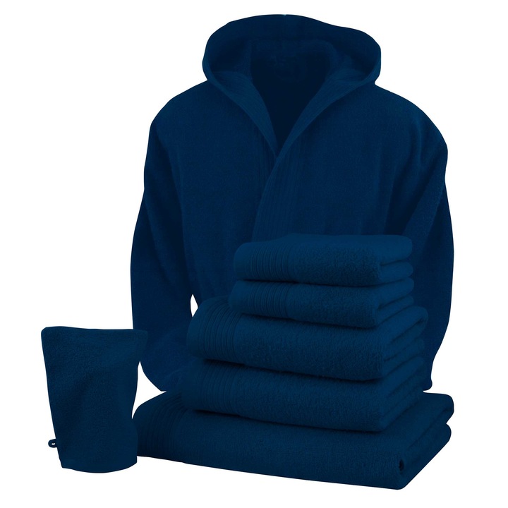 Set baie halat XXL/XXXL si 6 prosoape Classic Collection, Bleumarin, 100% bumbac