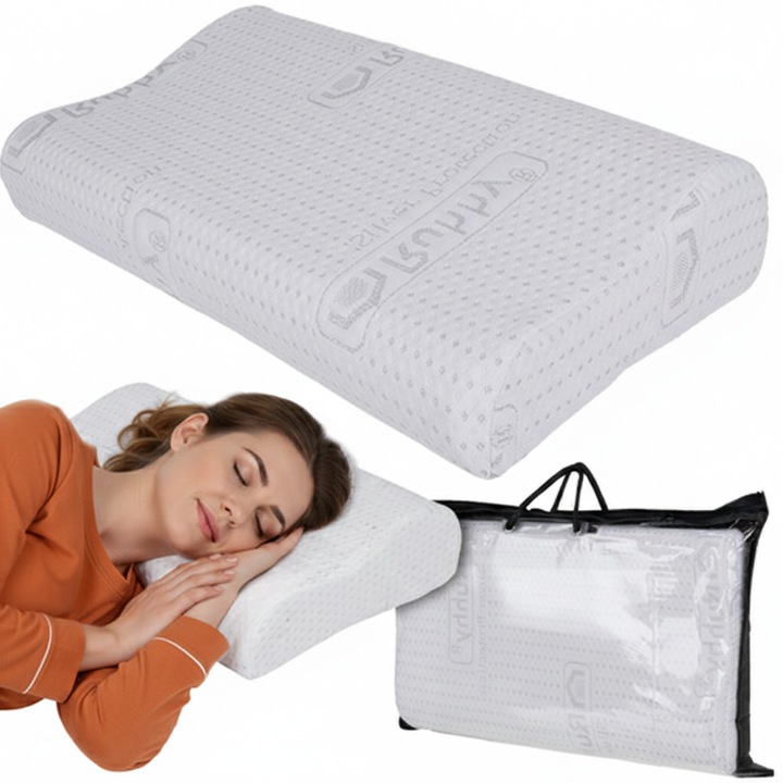 Perna ortopedica cervicala din spuma de memorie, suport ergonomic gat, husa antialergica cu ioni de argint si geanta transport, 49x30 cm