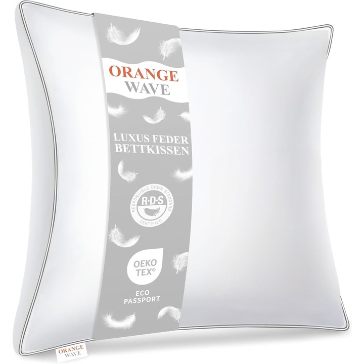 Perna Premium Orange Wave, 60x60 cm, 1000g umplutură puf și pene, husa 100% bumbac, hipoalergenică, lavabilă