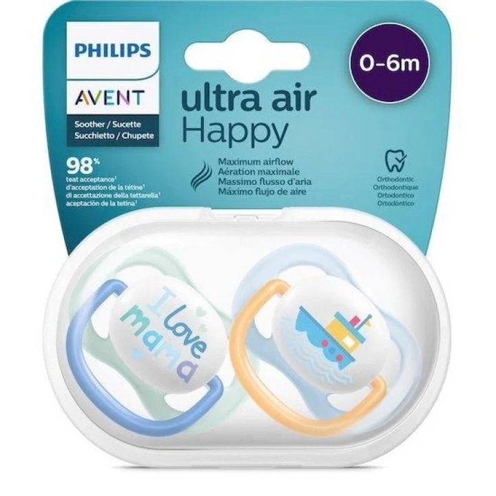 Suzetă Philips Avent Ultra Air, 0-6 luni, albastre, silicon, set cu husă de transport