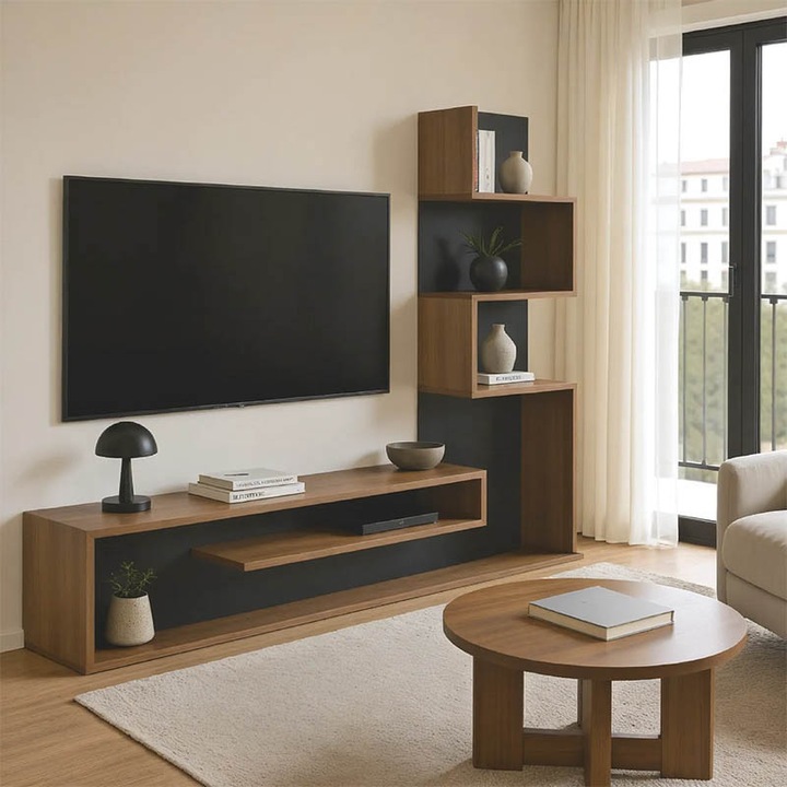 Mobila TV Cazenda, stejar/gri, 160x29x126 cm