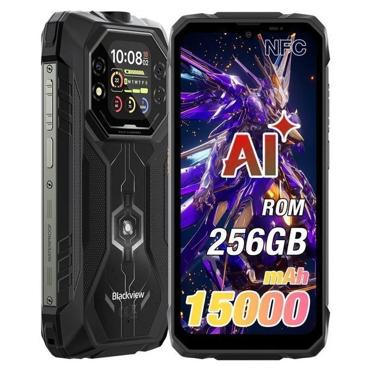 Blackview Rock 1 Kültéri mobiltelefon Android 16, okostelefon 24GB + 256GB / 2TB, Üzleti mobiltelefon 15000mAh, 20MP éjjellátó, AI Gemini, 6.56 hüvelykes HD + IPS 2.01 hüvelyk, Fekete