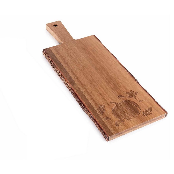 Platou servire lemn acacia Decorer 15, 5x42cm maro, cu decoratiuni gravate, maner