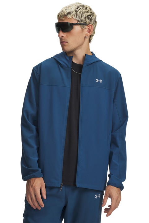 Under Armour,Jacheta cu gluga si logo pentru alergare Velociti Pro, Alb/Albastru inchis