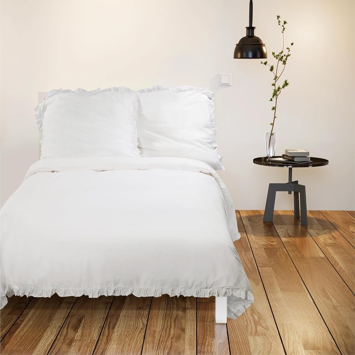 Lenjerie de pat Jemidi, set 3 piese, bumbac 100%, alb, 220x240cm, 2 fete pernă 80x80cm, design cu volane