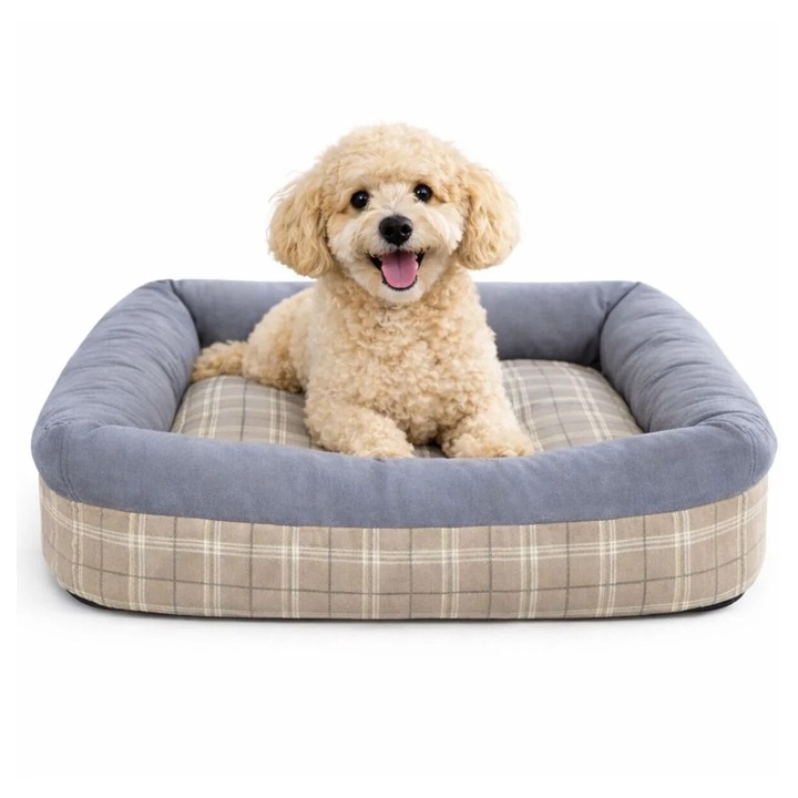Pat pentru Caini si Pisici, Talie Mica si Medie 56x56x18 cm –Culcus Moale, Perna Detasabila, Carouri
