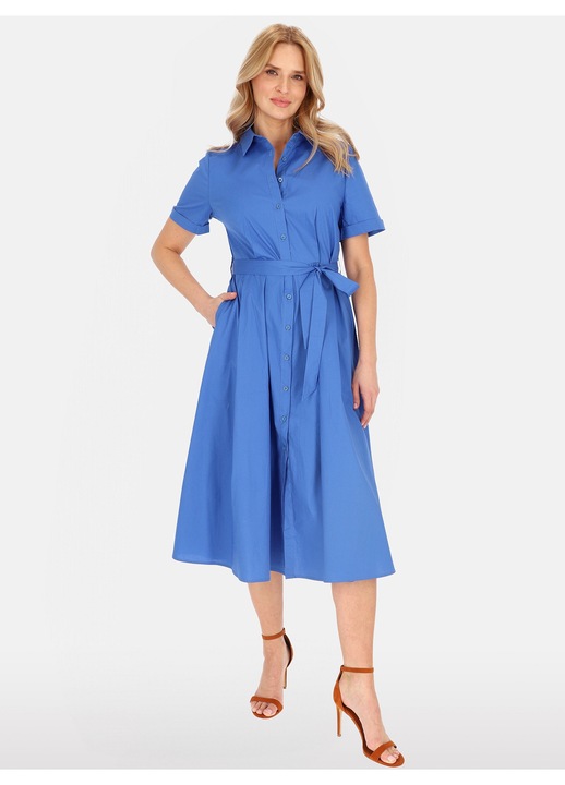 Миди рокля, Perso, памук, синя, с копчета, къси ръкави, свалящ се колан, 42 EU