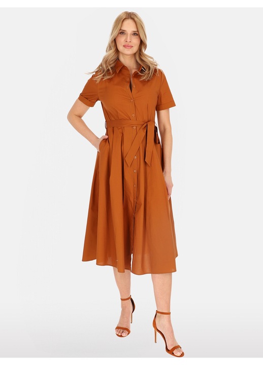 Миди рокля, Perso, памучна, кафява, с копчета, с джобове, с подвижен колан