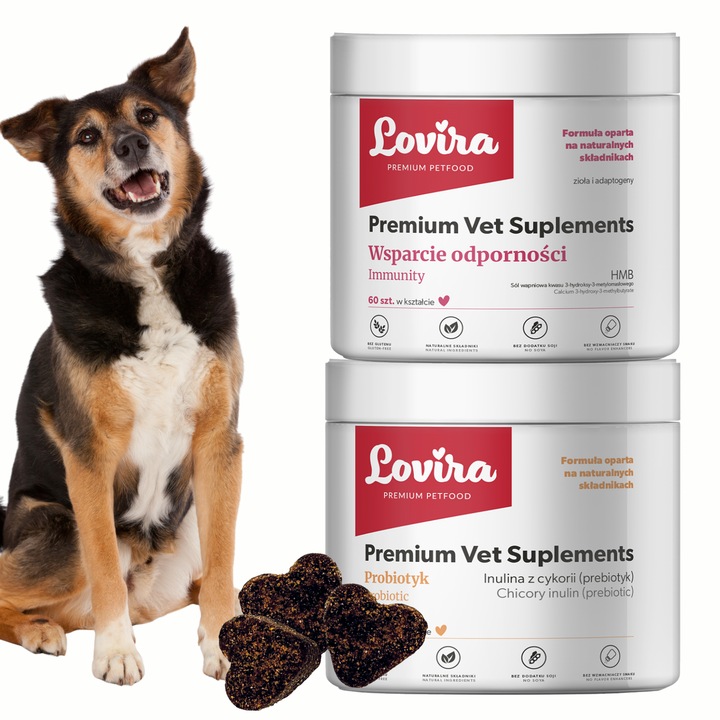 Set 2 Suplimente pentru Caini LOVIRA Probiotice 180g - 60 tratamente + Suplimente Imunitate 180g - 60 tratamente, Masticabil, Hipoalergenic, Toate taliile