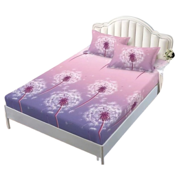 Husa de pat cu elastic, 2 persoane, 180x200 cm, imprimeu papadie, bumbac satinat