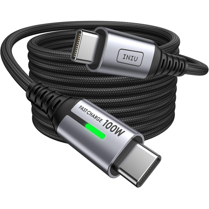 Cablu INIU USB-C la USB-C, 100W, Lungime de 2 m, Incarcare Rapida, Chip E-Marker pentru Incarcare in Siguranta, Ideal pentru Incarcare si Transfer de Date, Compatibilitate Larga