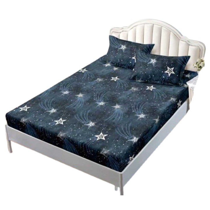 Gumis ágytakaró, szatén pamut, 2 személyes, 180x200 cm, csillagmintás