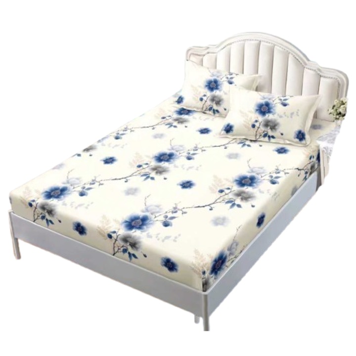 Lepedő, 2 személyes, 180x200 cm, kék virágmintás, szatén pamut, gumis